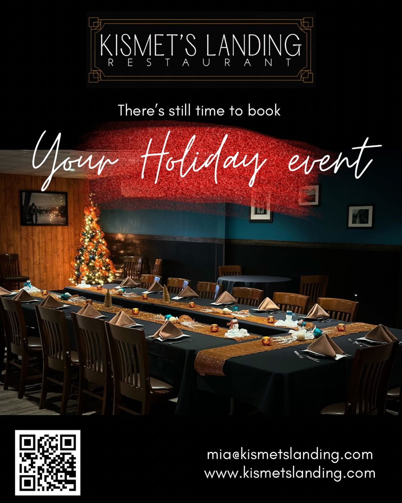 Gather your favorites, raise a glass, and let us take care of the rest. Kismet&rsquo;s Landing still has room for your holiday party this season. Visit: www.kismetslanding.com for details