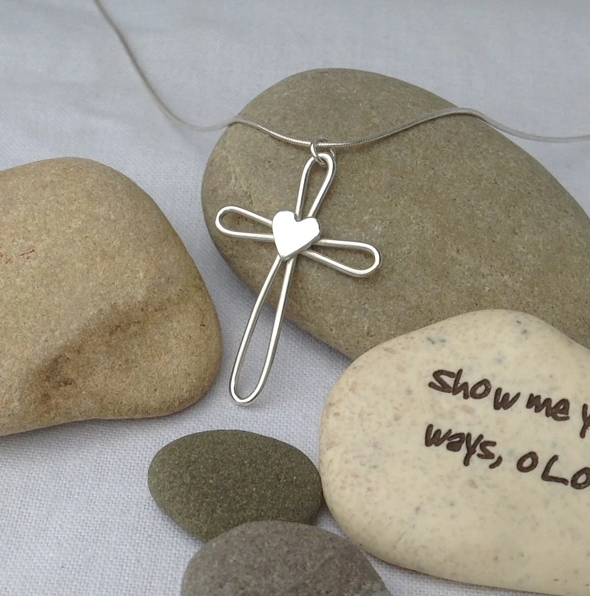 Pretty wirework silver crucifix cross necklace with heart detail, £58