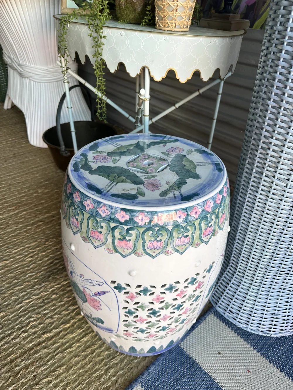 Vintage Porcelain Garden Stool Pink and Blue — Vintage Regency
