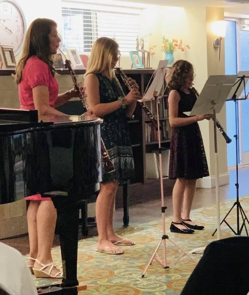 We perform in ensembles and solo for our local Senior living community as well as friends and family. 