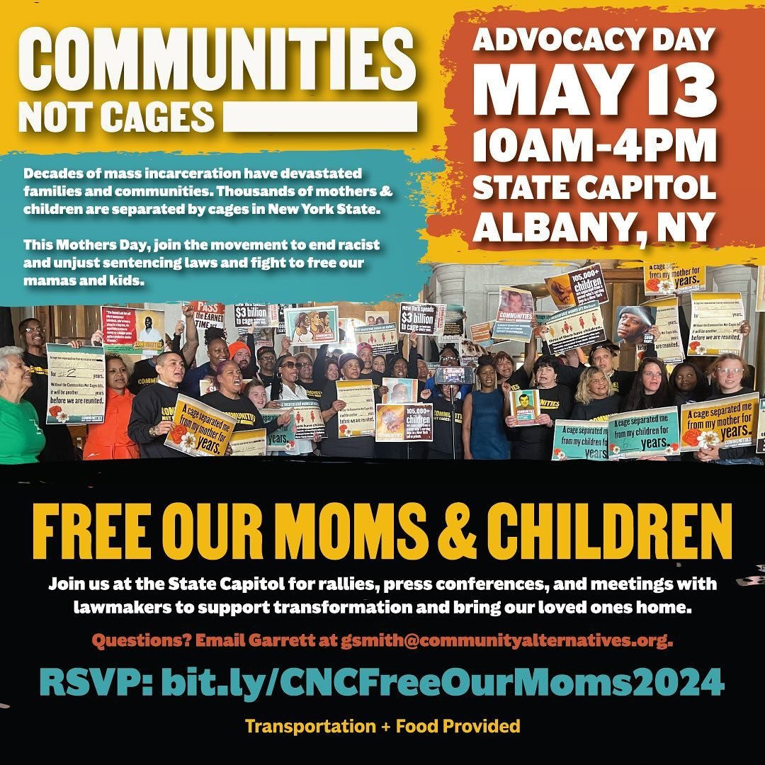 Join us tomorrow May 13th, 2024 in Albany, New York for a day of advocating for the release of moms and children from detention centers - let's build a community to support them!

leads a number of campaigns to end mass incarceration and criminalizat