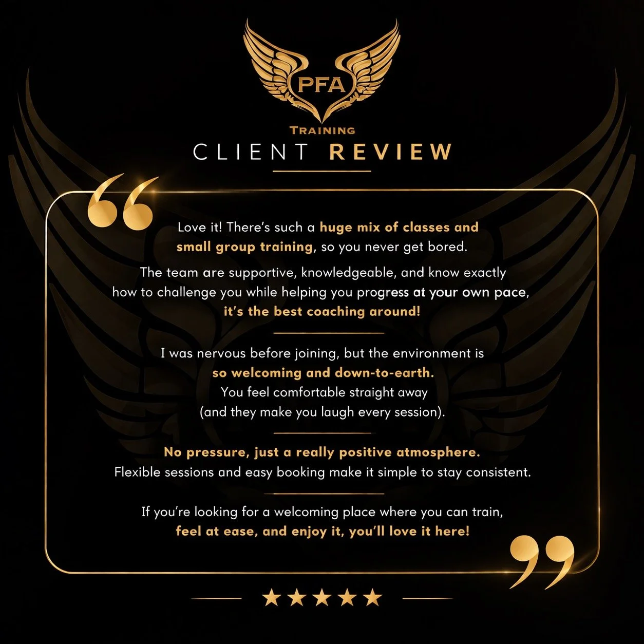 Real words from real people 💫
Starting something new can feel daunting, but it shouldn&rsquo;t feel intimidating.
At PFA Training, it&rsquo;s about progress, support, and actually enjoying the process.
If you&rsquo;ve been thinking about starting, t