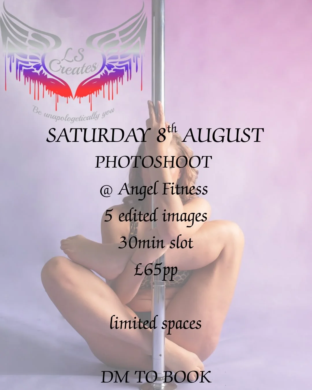 Photoshoot with @l_s_creates at @angelfitnessstudio 
Special@price as Angel Fitness is the home@to LS Creates. 30min slot &pound;65 with 5 edited images.
Limited spaces!!
Sign up sheet is at the studio so get your name up!! Or drop me a DM to take bo
