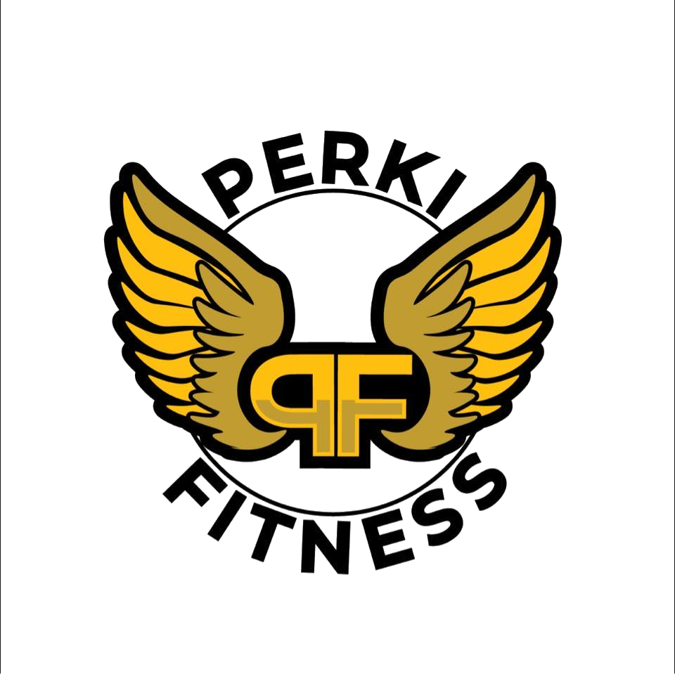 Logo for Perkifitness featuring gold-colored wings on either side of a circular emblem with the letters 'PF' in the center and the words 'PERKI FITNESS' curved around the top and bottom.