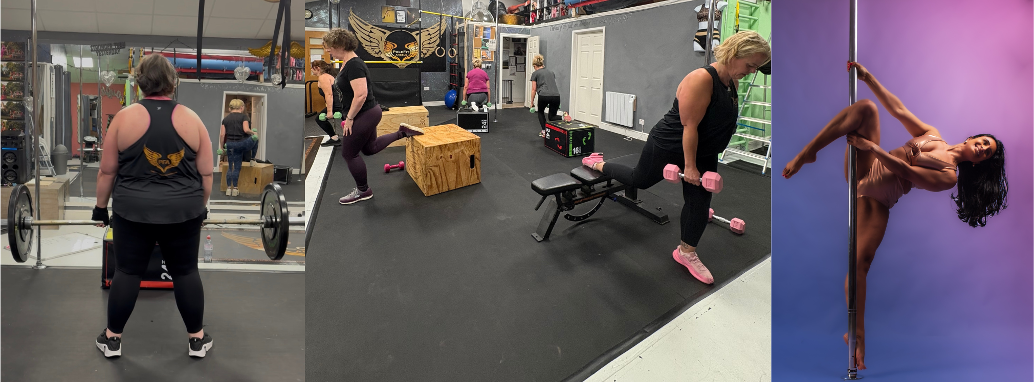 A collage of three images showing women exercising and performing fitness activities. The first image shows a woman lifting weights in a gym, viewed from behind. The second image depicts women using various workout equipment such as dumbbells, a box jump, and resistance bands in a gym setting. The third image features a woman performing a pole dance routine against a purple background.