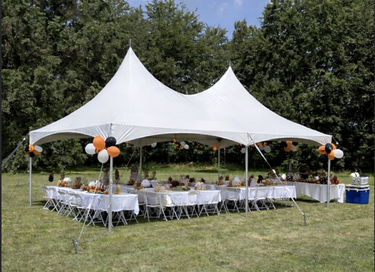 20x30 graduation party tent layout with buffet and seating setup