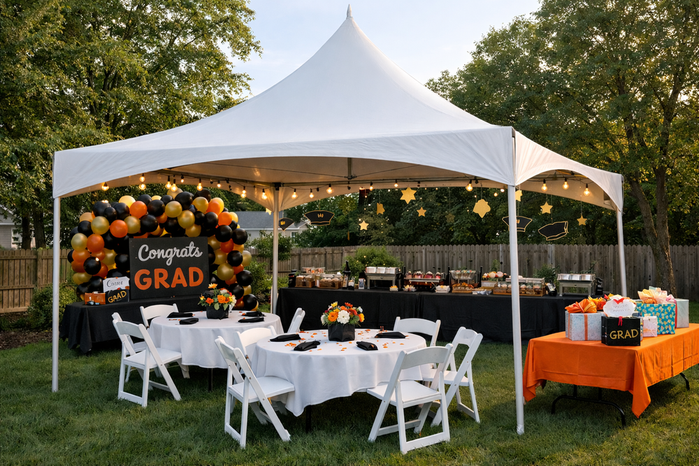Graduation party under tent with evening lighting and cocktail tables