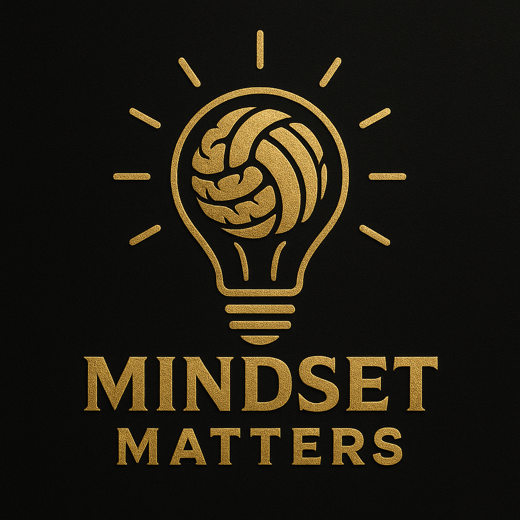 Gold logo with a lightbulb outline containing a human brain inside. The words "Mindset Matters" are written below in gold text on a black background.