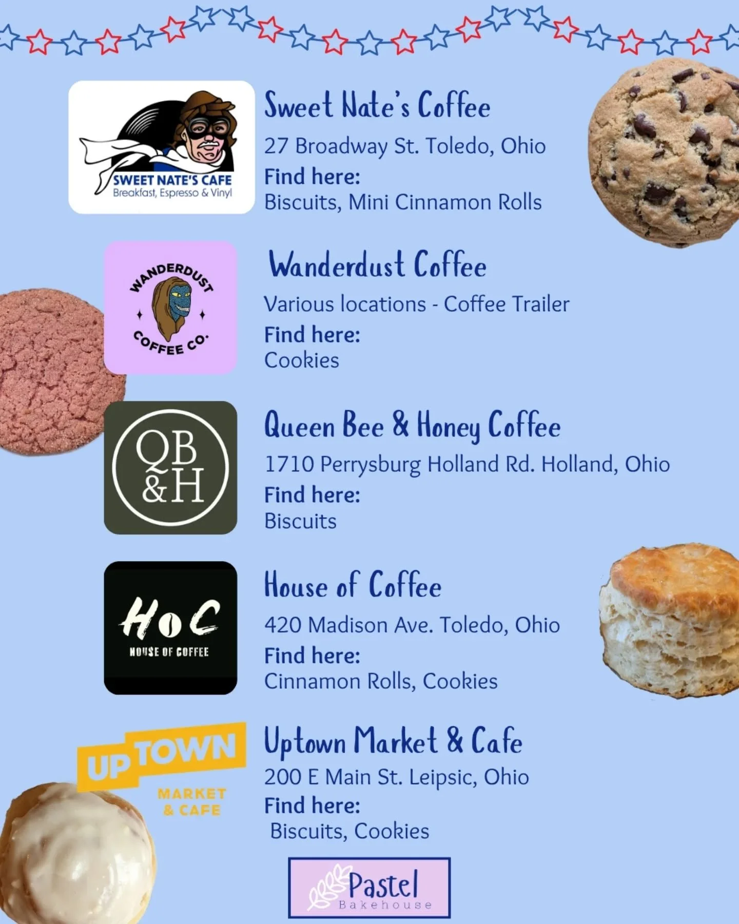We will not be at the Toledo Farmers Market this weekend, May 23, but you can find Pastel at all of these local coffee shops! Make sure to pop in to grab a drink and a sweet treat while you're out enjoying the long weekend!

We will be back to the fa