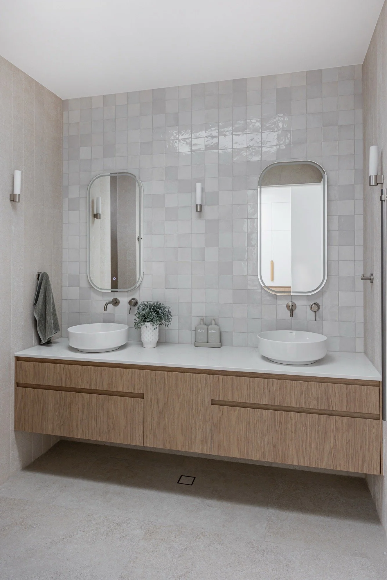 Beautiful bathroom with custom joinery of the Camp Hill home 'The Concrete Canvas' by Brisbane interior designer Melinda Fritz
