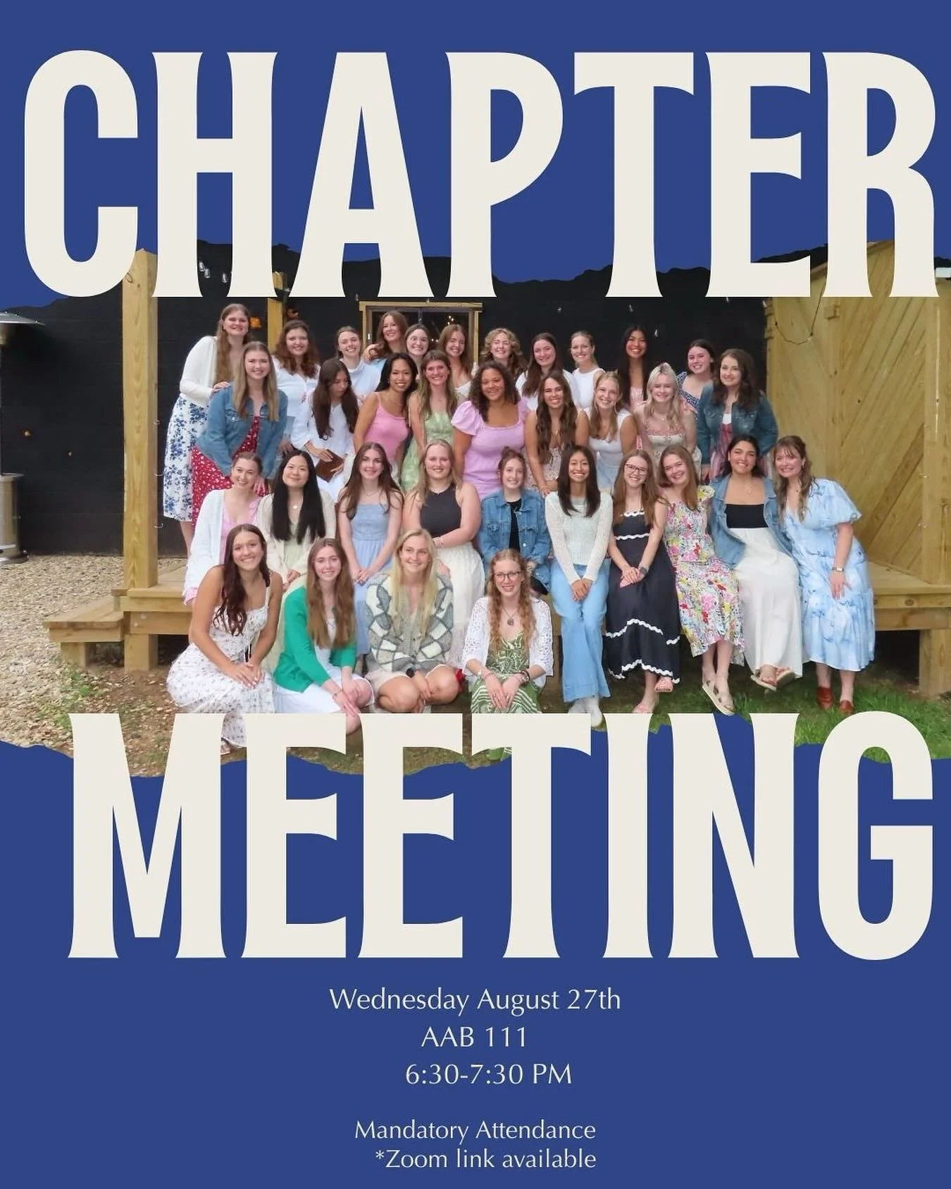 Calling all members! We are back for the semester. Come find out about upcoming events, new opportunities and merch!!
Chapter Meeting
August 27th @ 6:30 PM
AAB 111
Attendance is mandatory. Zoom link will be available as well. Reach out to Sydney