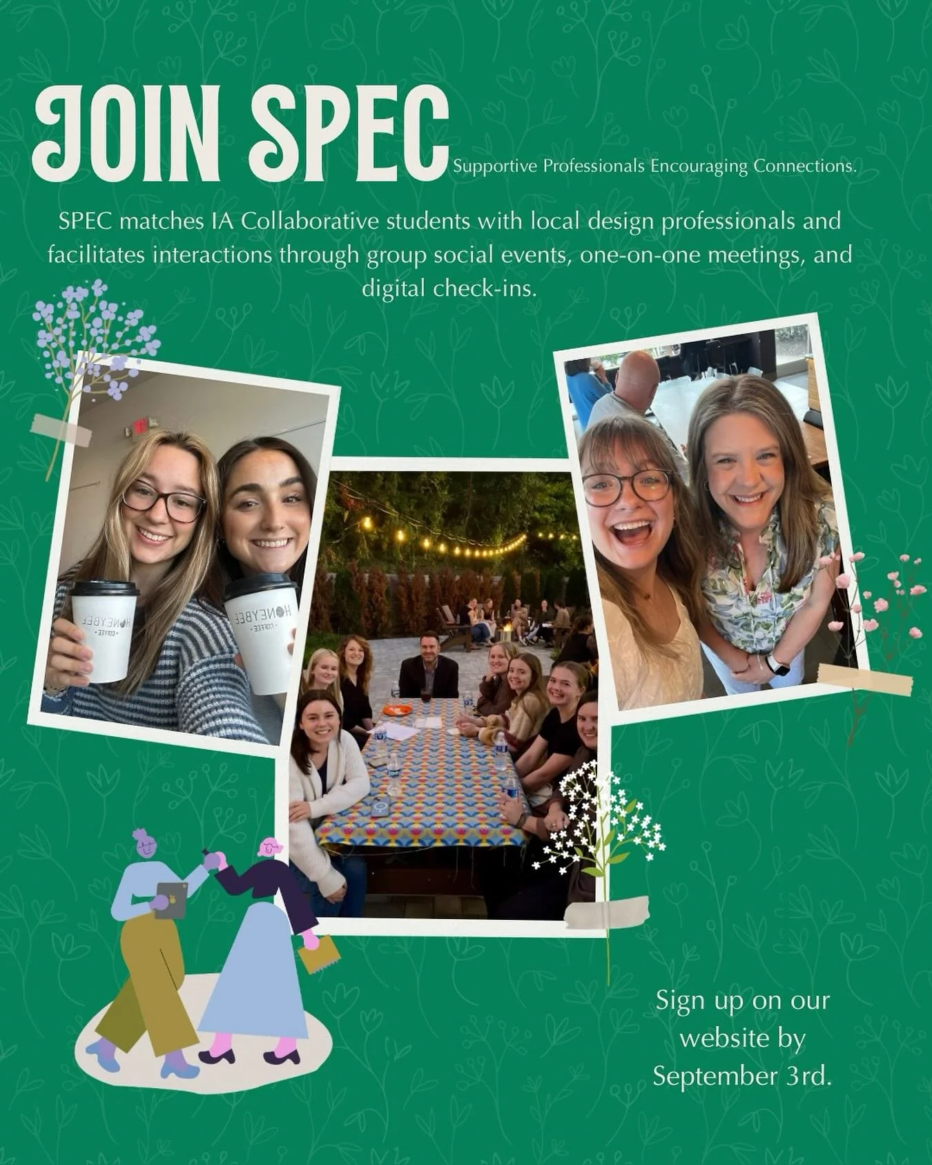 Join SPEC to expand your design network!
The SPEC Program matches IA Collaborative students with local design professionals and facilities interactions through group social events, one-on-one meetings, and digital check-ins.
Sign up on website by T