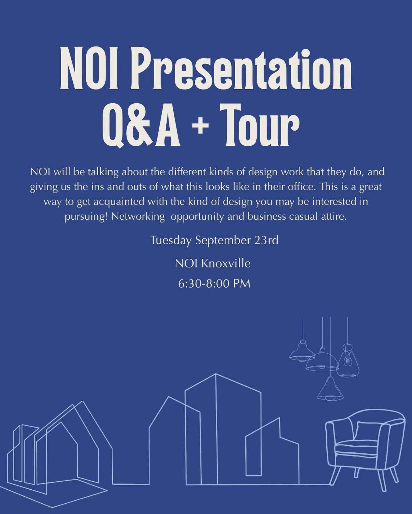 NOI will be talking about the different kinds of design work that they do, and giving us the ins and outs of what this looks like in their office. This is a great way to get acquainted with the kind of design you may be interested in pursuing! Networ