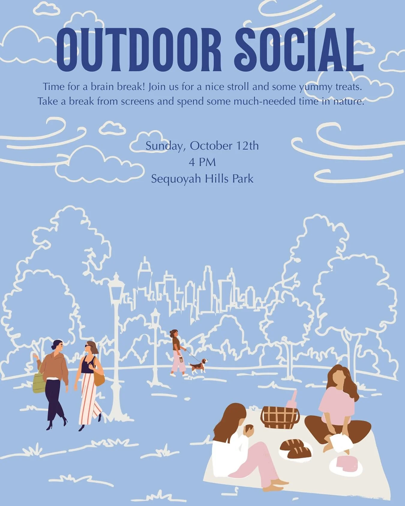 Time for a brain break! Join us at Sequoyah Hills Park for a nice stroll, fun activity and some yummy treats. Take a break from screens and spend some much needed time in nature!
Sunday October 12th
4:00 PM
Sequoyah Hills Park