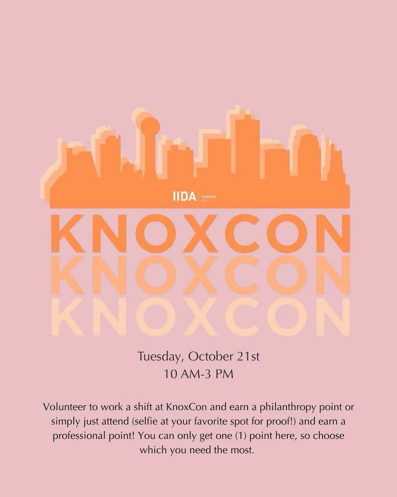 Volunteer to work a shift at KnoxCon and earn a philanthropy point or attend to earn a professional point (selfie at your favorite spot for proof!)!
You can only get one (1) point here, so choose which you need the most.
Tuesday October 21st
10 AM -