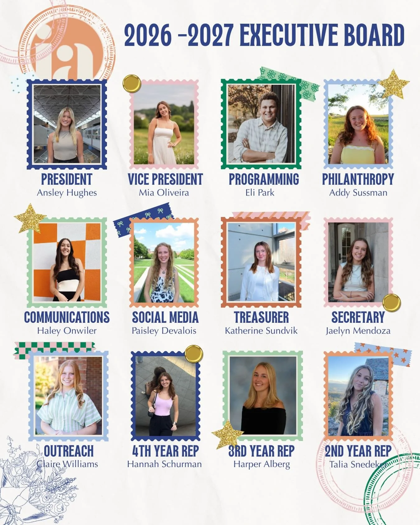 Congratulations to our new board!! We are so excited to see what you will accomplish!

President: Ansley Hughes
Vice President: Mia Oliveira 
Secretary: Jaelyn Mendoza
Treasurer: Katherine Sundvik
Programming: Eli Park
Philanthropy: Addy Sussman
Comm