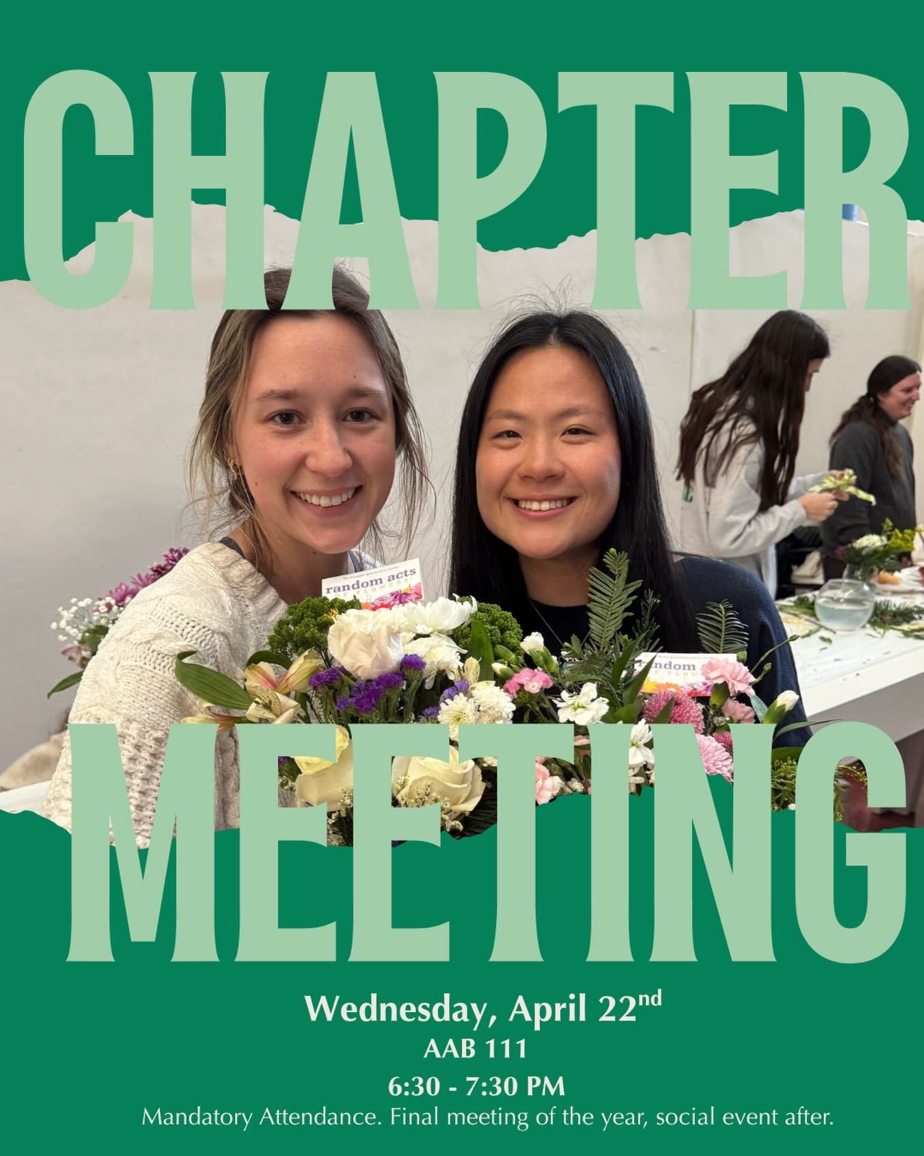 Our final member meeting of the year! Snacks provided with social event after. 

Wednesday, April 22nd
6:30 pm-7:30 pm 
📍AAB 111