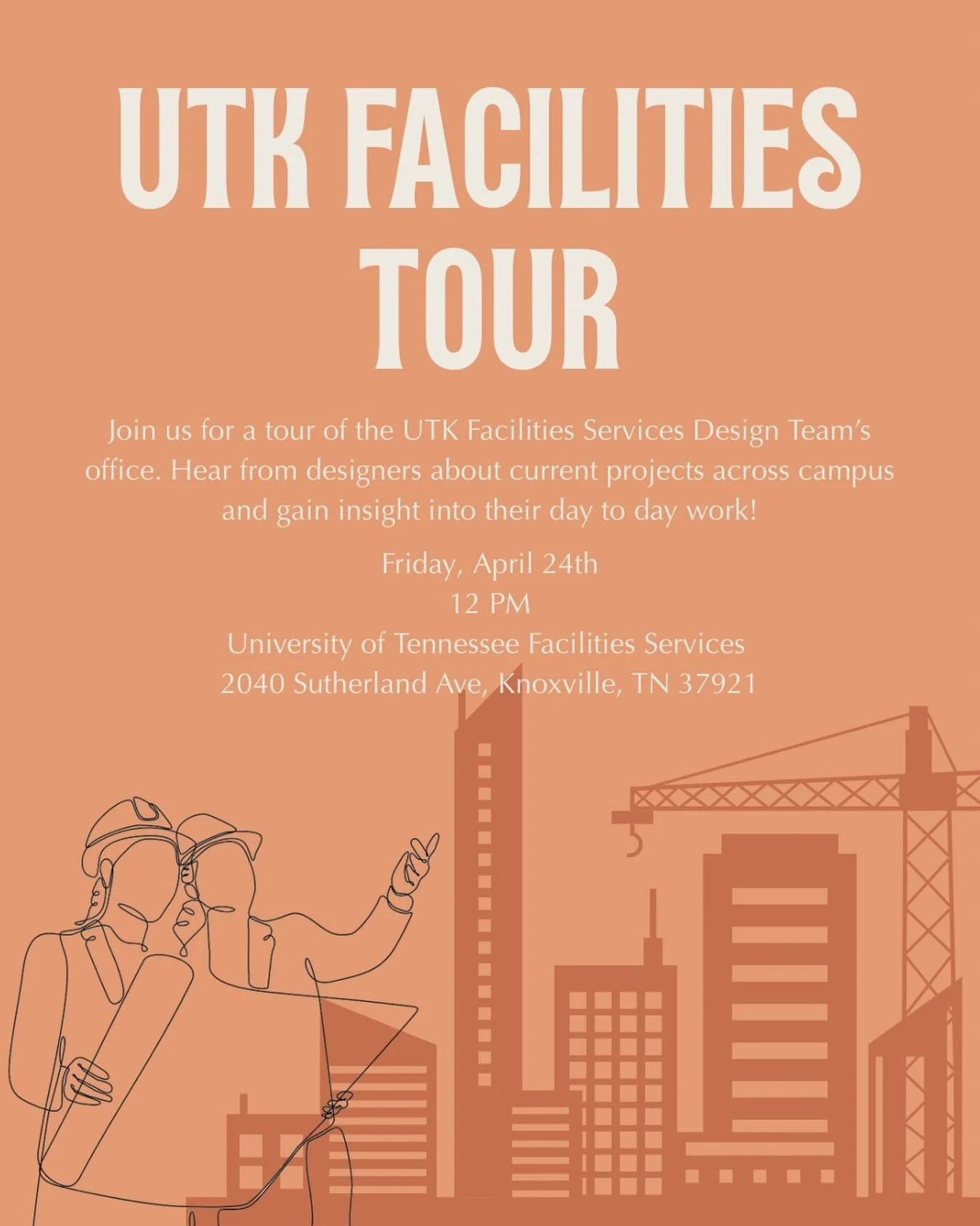 Join us for a tour of the UTK Facilities Services Design Team&rsquo;s office. Hear from designers about current projects across campus and gain insight into their day-to-day work! 

Friday, April 24th 
12:00pm
📍University of Tennessee Facilities Ser