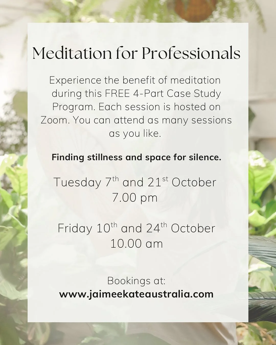 Are you ready to find a moment of stillness in your busy professional life?

You know that you WANT to take time for yourself, however you are not sure how and haven&rsquo;t committed to a specific time.

Here is your opportunity to be part of a Case