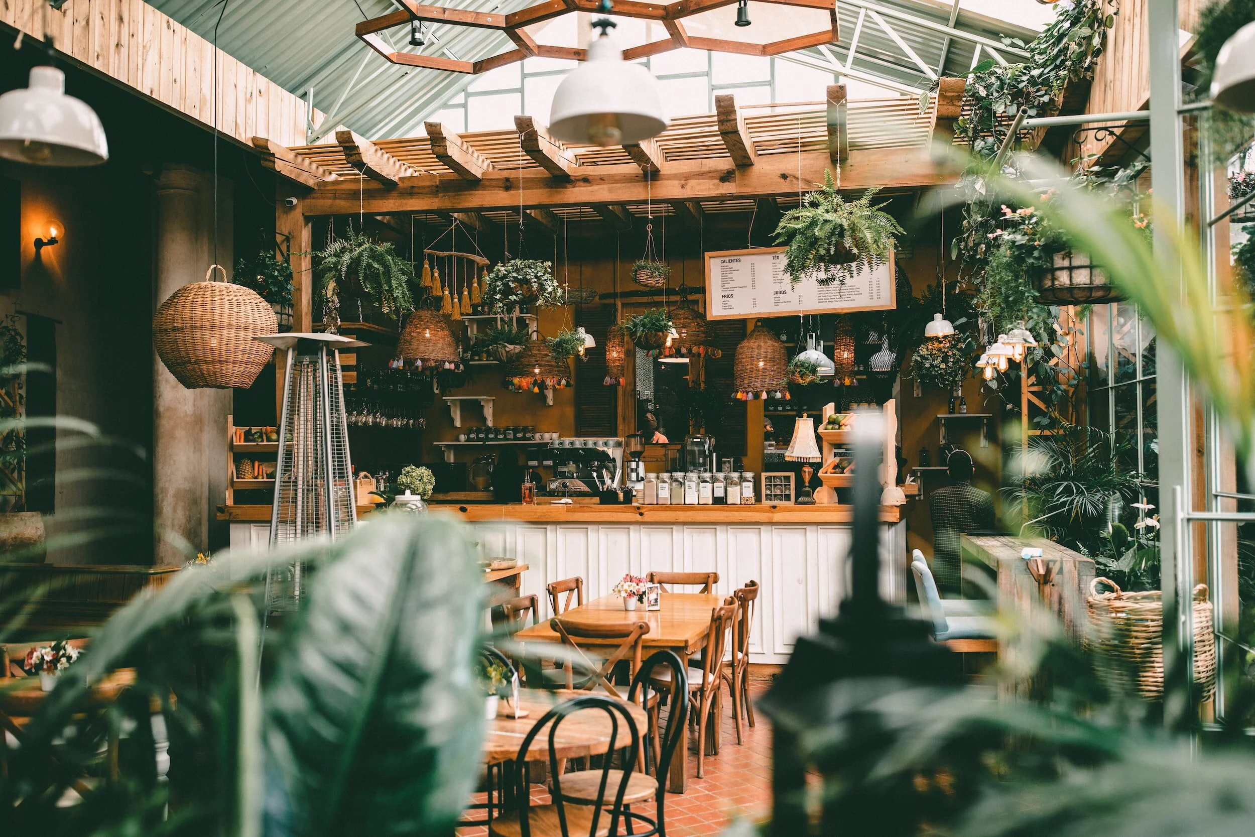 Cozy indoor cafe with wooden decor, hanging plants, woven lampshades, and wooden tables with chairs, illuminated by natural light from large windows.
