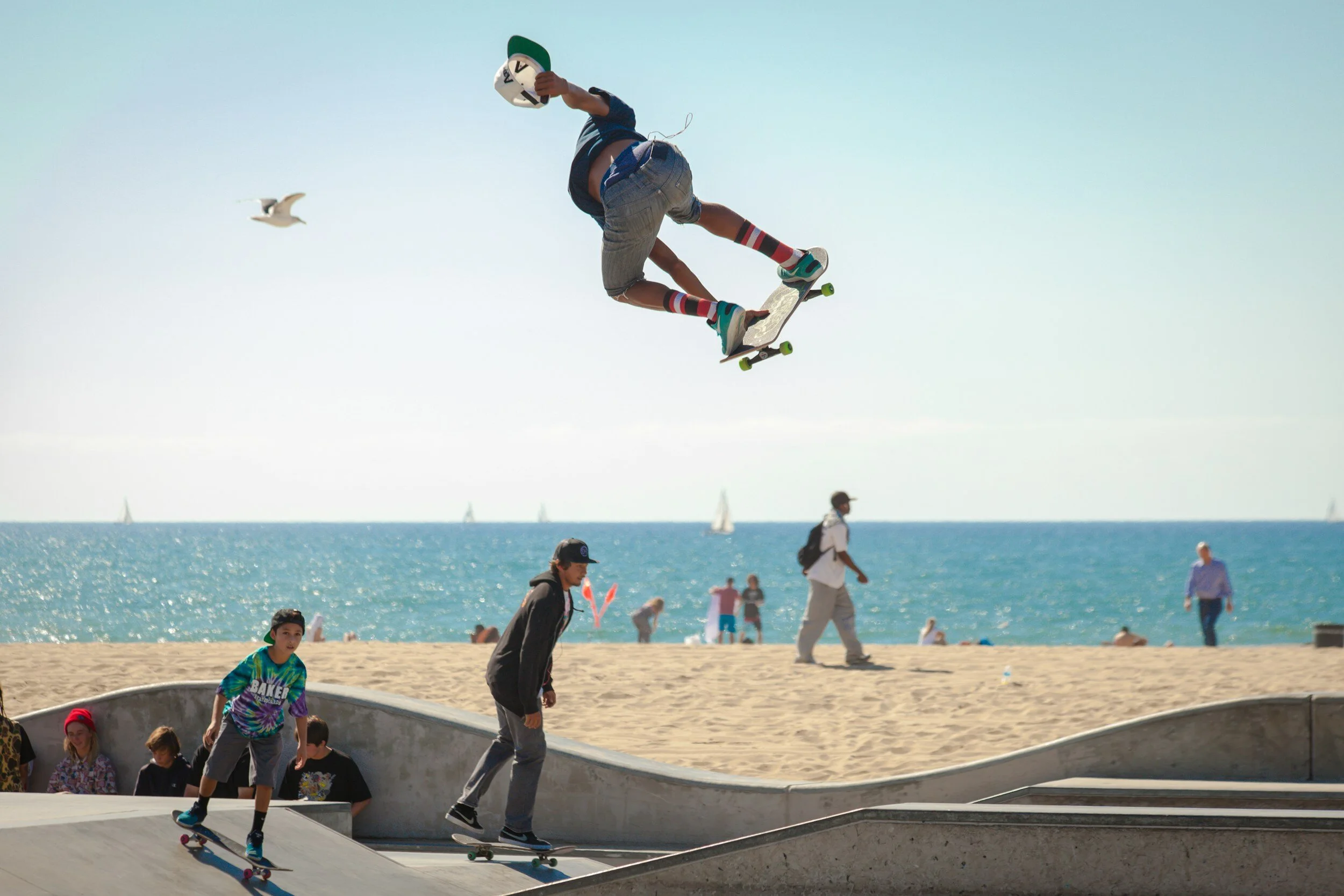 Skateboarder performing a jump in a skate park by the beach, with people walking and sitting in the background and seagulls flying overhead.