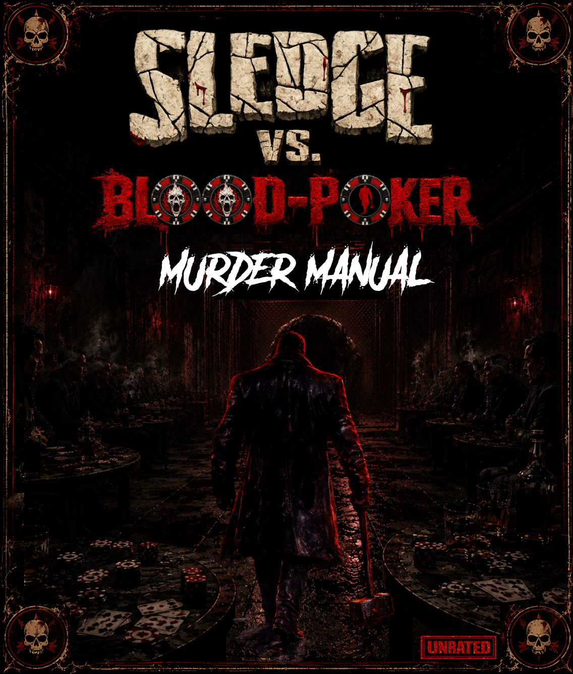 cover for the SLEDGE VS. BLOOD-POKER Murder Manual. A trading card deathmatch game of bluffing, brutality, and deadly decisions.