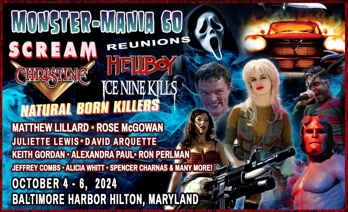 Promotional poster for Monster Mania 60 horror convention. Event details for October 4-6, 2024, at Baltimore Harbor Hilton, Maryland.