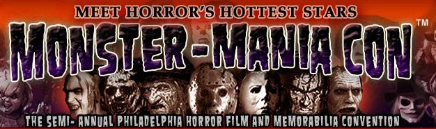 Promotional banner for Monster-Mania Con, a horror film and memorabilia convention, featuring horror movie characters.