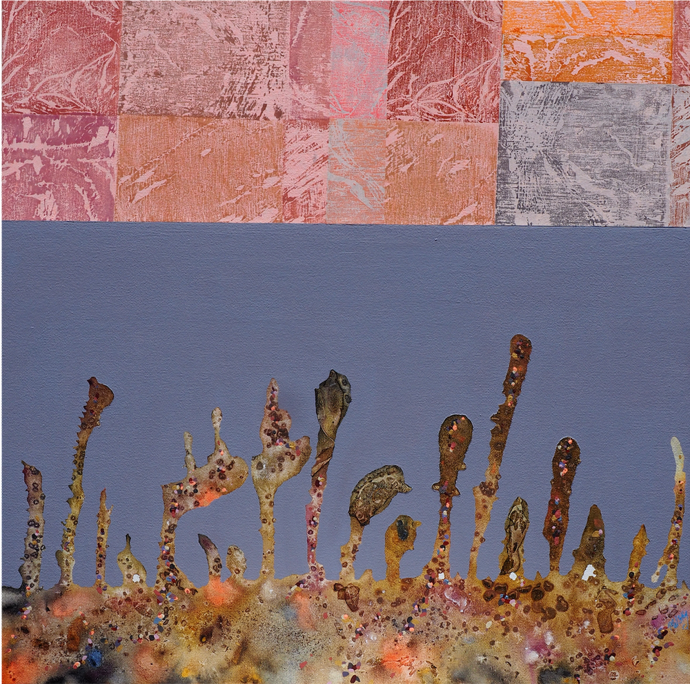 In the Line of Fire -
Acrylic and woodblock on canvas, framed in Ash,
63 x 63cm