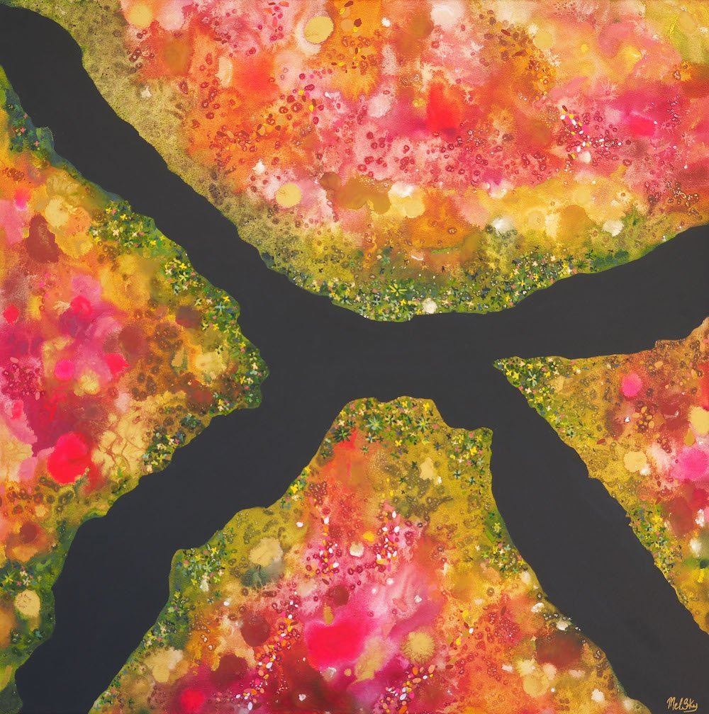 Kaleidoscope -
Acrylic and ink on canvas, Framed in raw Ash,
63 x 63cm