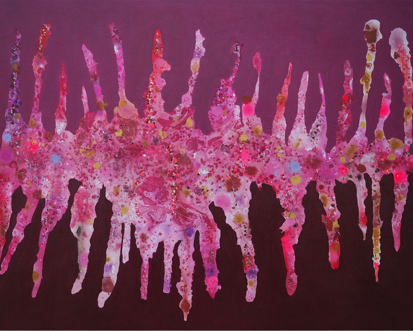 Crimson Horizon -
Oil, acrylic and tulle on canvas, Framed in Oak,
105.5 x 85cm