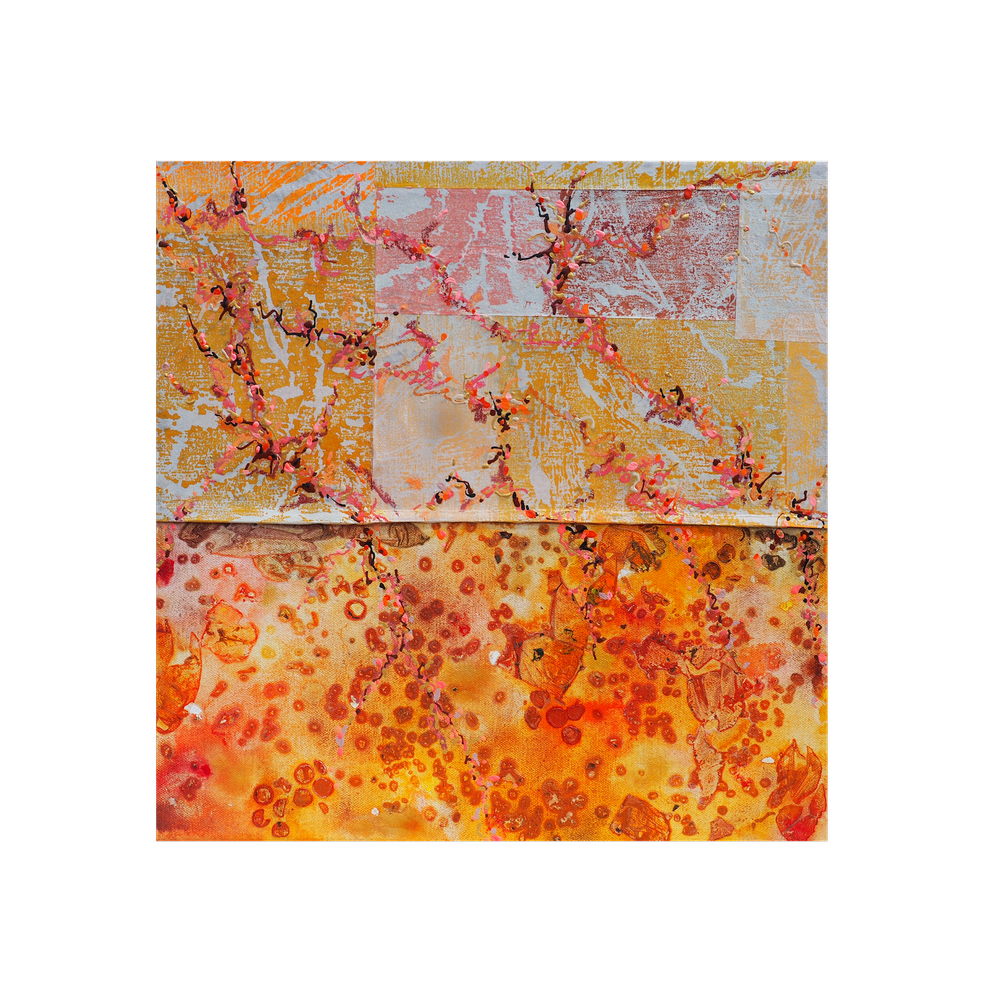 Amber Embers -
Acrylic, pastel and woodblock on canvas, framed in Ash,
38.5 x 38.5cm