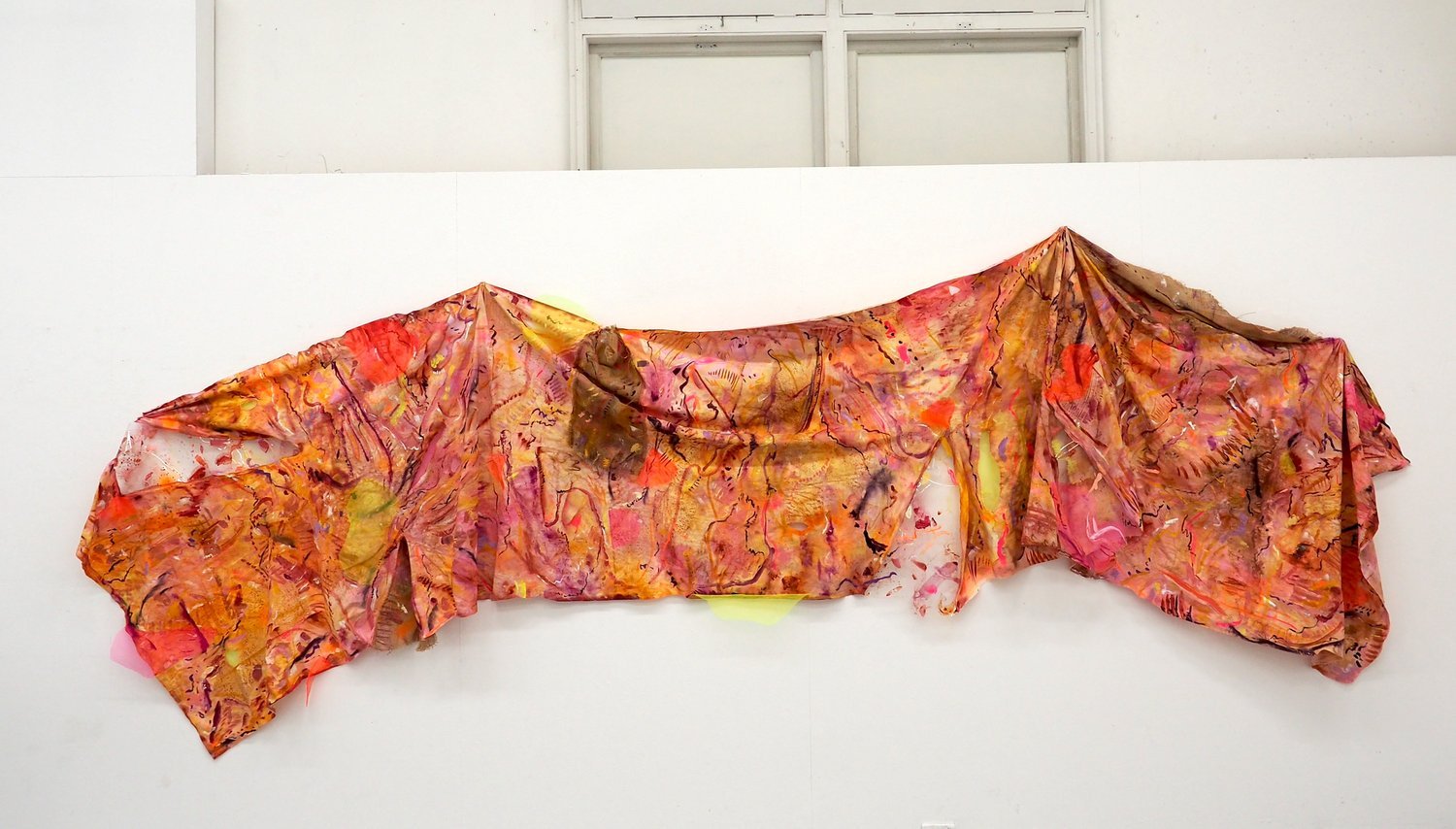 Vital Signs - Natural ink, pigment, acrylic, pastel, gouache, thread, tulle on canvas, hessian, plastic, 120 x 600 cm