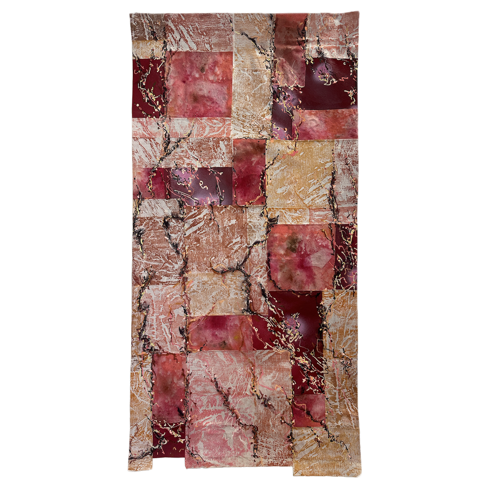 It's Catching -
Acrylic, pastel and woodblock on reclaimed canvas,
47 x 97cm