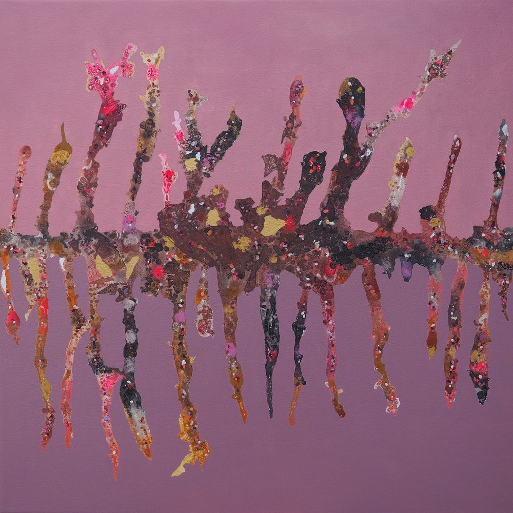 Dust and Ashes -
Acrylic, Oil and tulle on canvas, Framed in raw Ash,
83 x 83cm
*As seen in Art Edit Magazine