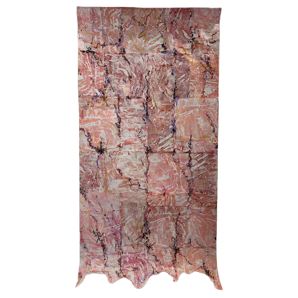 Lost and Running -
Acrylic, pastel and woodblock on reclaimed canvas,
46 x 93cm