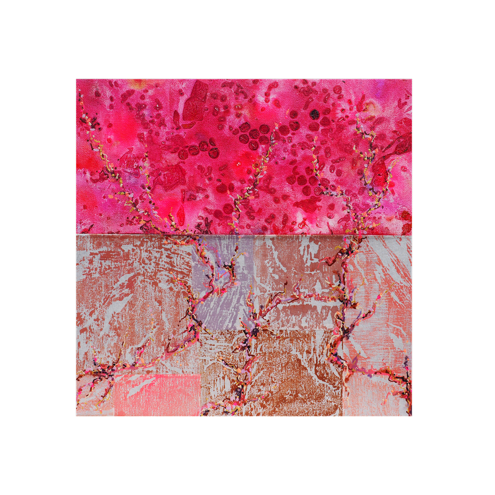 The Heat is On -
Acrylic, pastel and woodblock on canvas, framed in Ash,
38.5 x 38.5cm