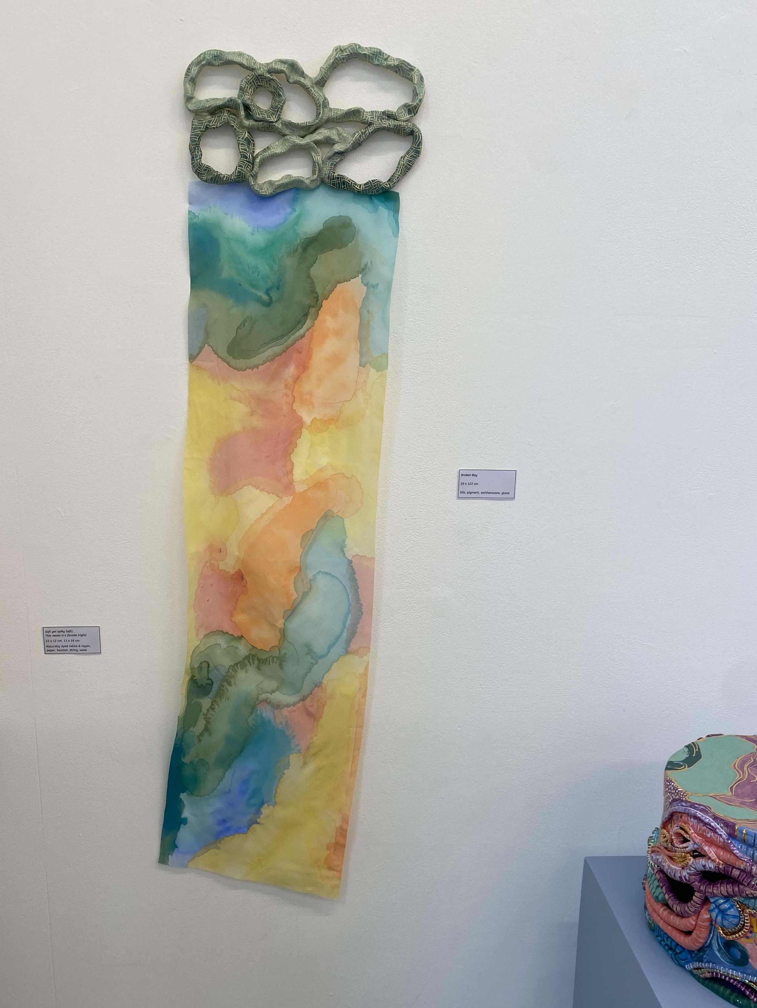 Broken Bay, Silk, pigment, earthenware, glaze, 29 x 122cm, Installation view