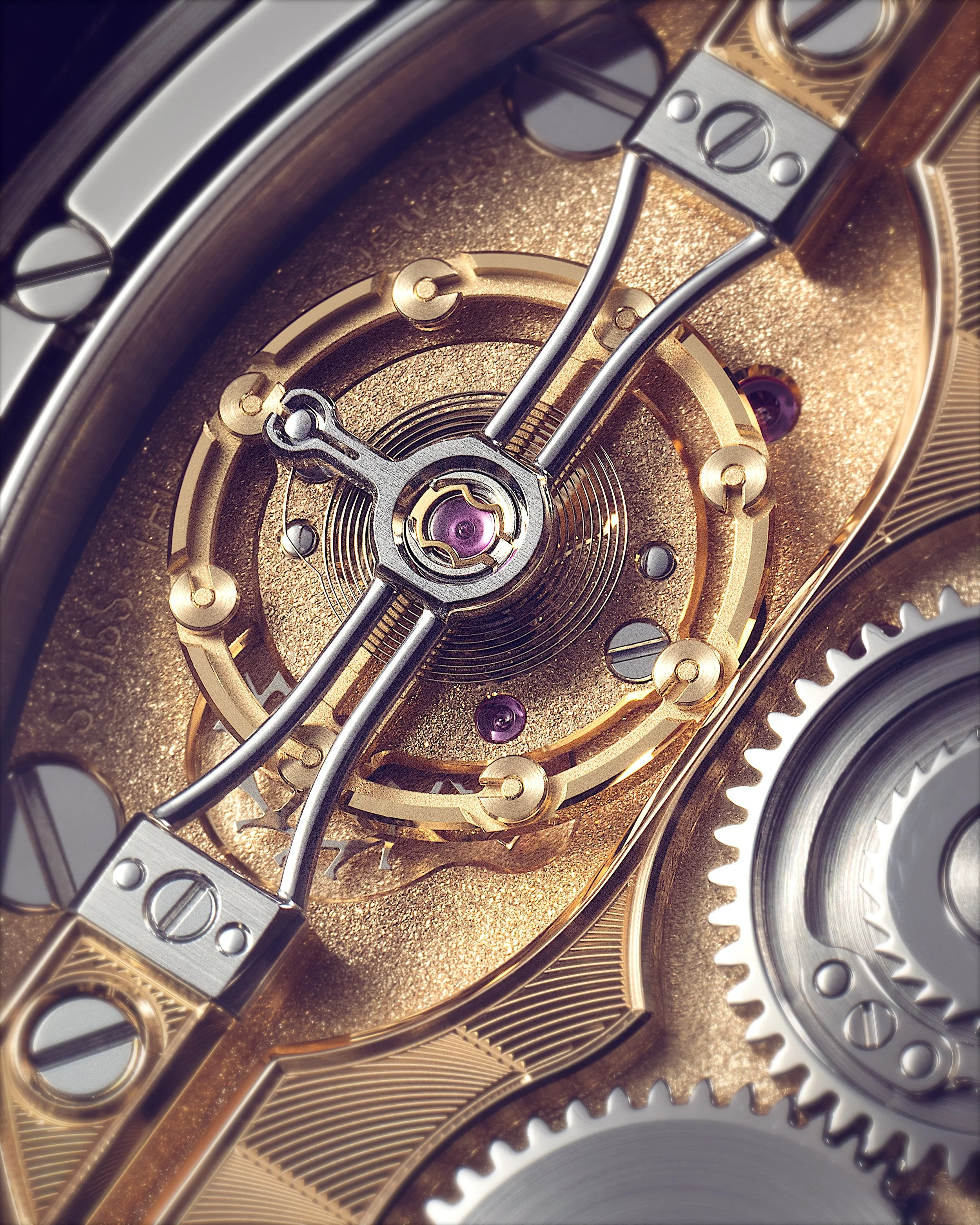 Close-up of the Berneron calibre 595 movement crafted entirely in 18k gold, shown outside the case