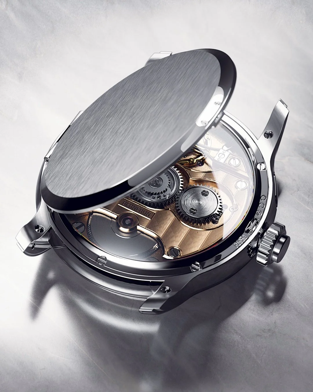 • Quantième Annuel 
Until we can finally get the case and movement together, here's a look at the opening cinematic for the officer case back.
The officer's case back originates from pocket watches and serves several purposes.
1. It prot