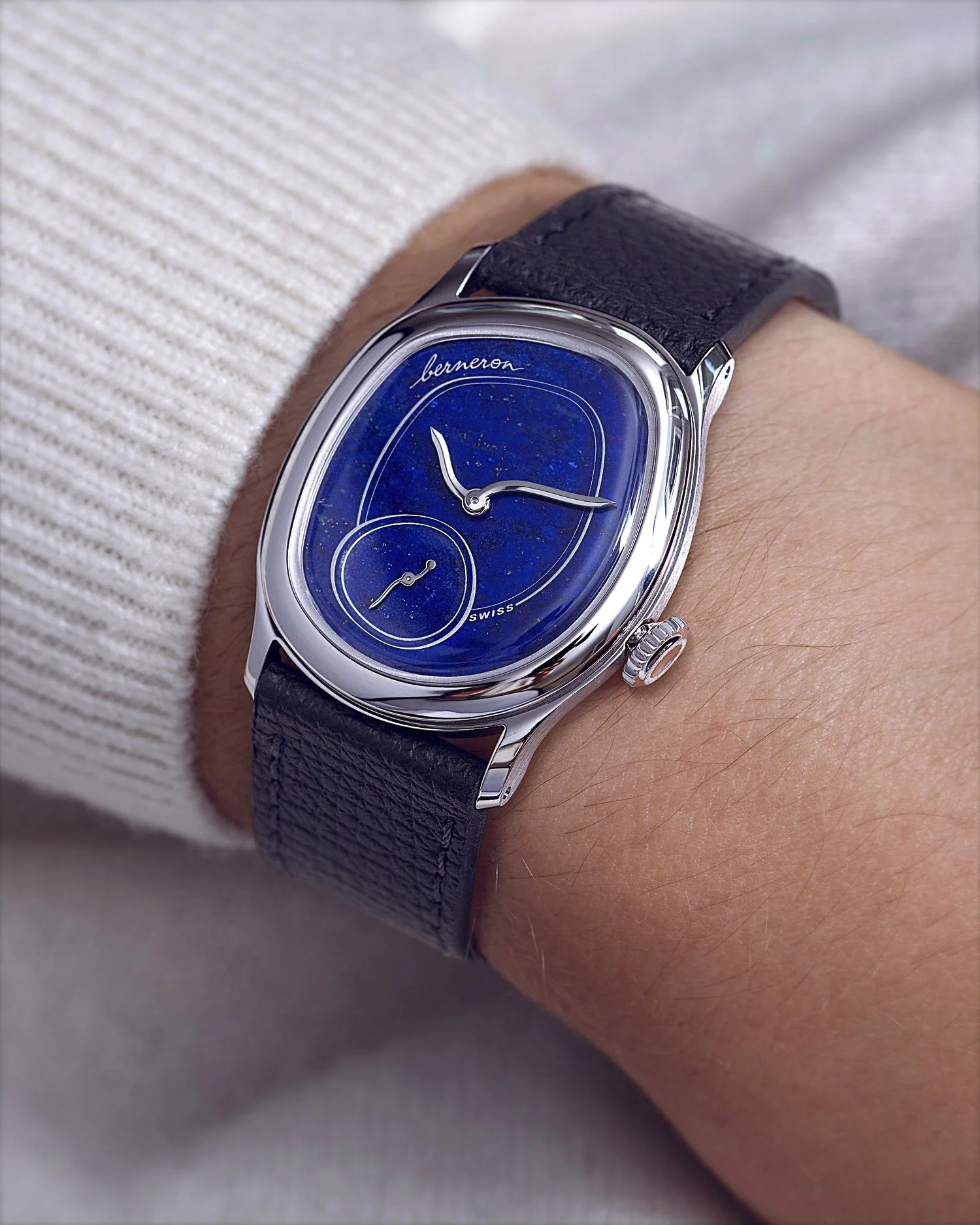 &bull; Mirage Lapis lazuli
With a lug to lug distance of 38mm and a diameter of 34mm, the Mirage Lapis Lazuli will sit comfortably on any wrist.
We've also noticed that some young collector couples are getting one to share, taking turns wearing it, a