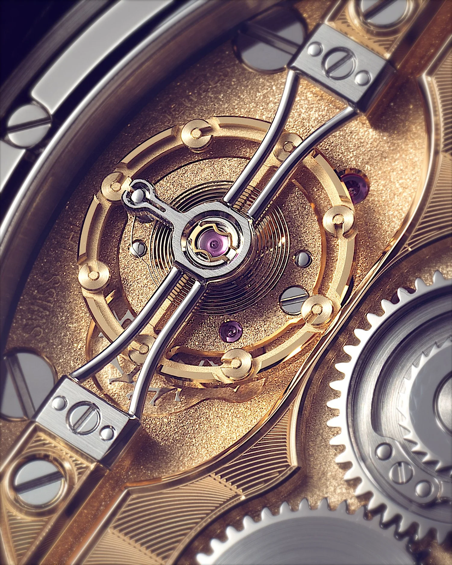 &bull; Calibre 595
Our caliber 595 approaches the arrangement of its various components in a highly structured and symmetrical manner. The balance spring stud is located at 12 o'clock, while the escape wheel is perfectly positioned on the 3-9 o'clock