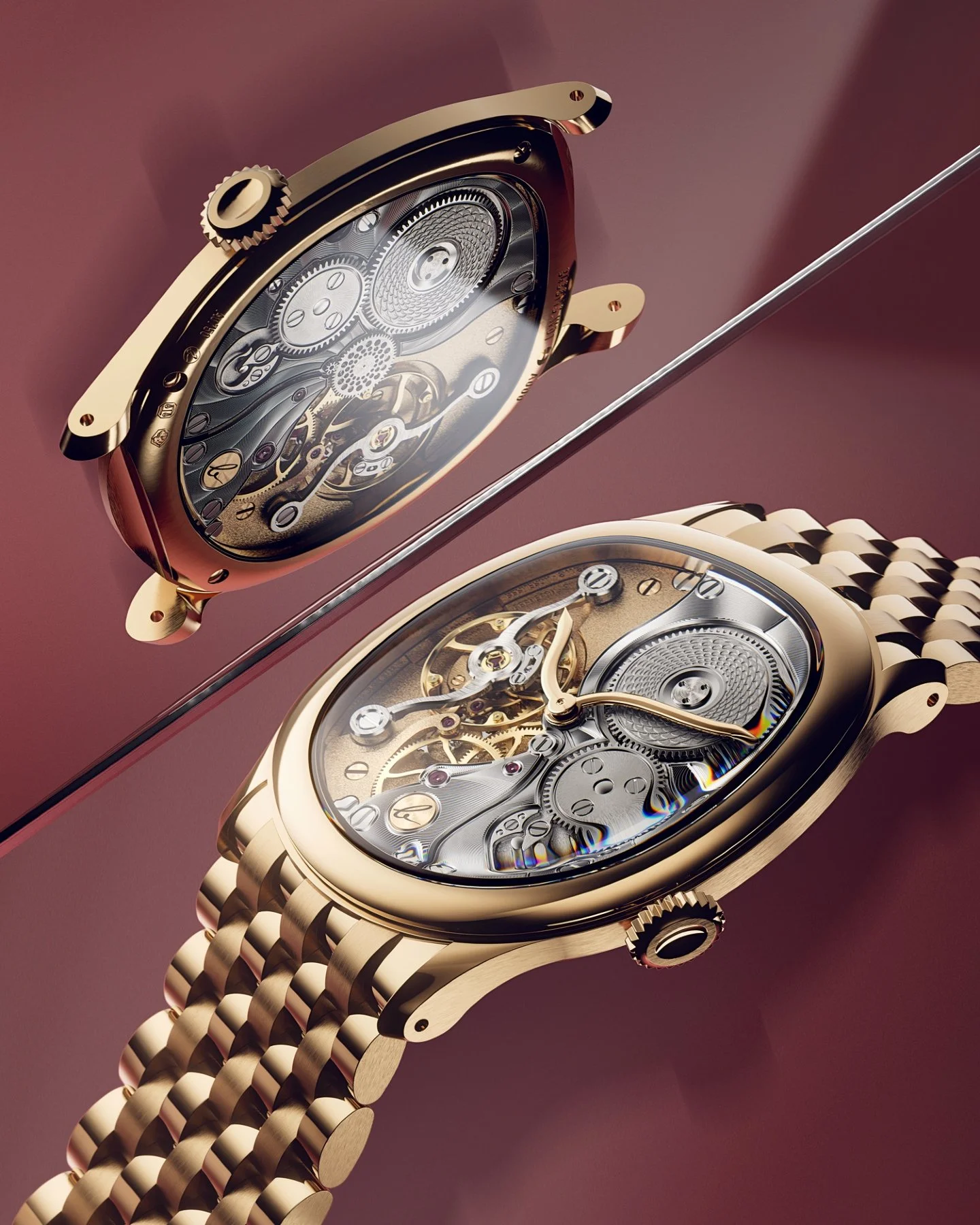 &bull; Mirage Miroir
In its full 18k yellow gold configuration with the integrated bracelet, the Mirage Miroir (bottom of this image) becomes an uninterrupted sculpture, where mechanics and jewelry intertwine.With our new Caliber 283, we obtain two n