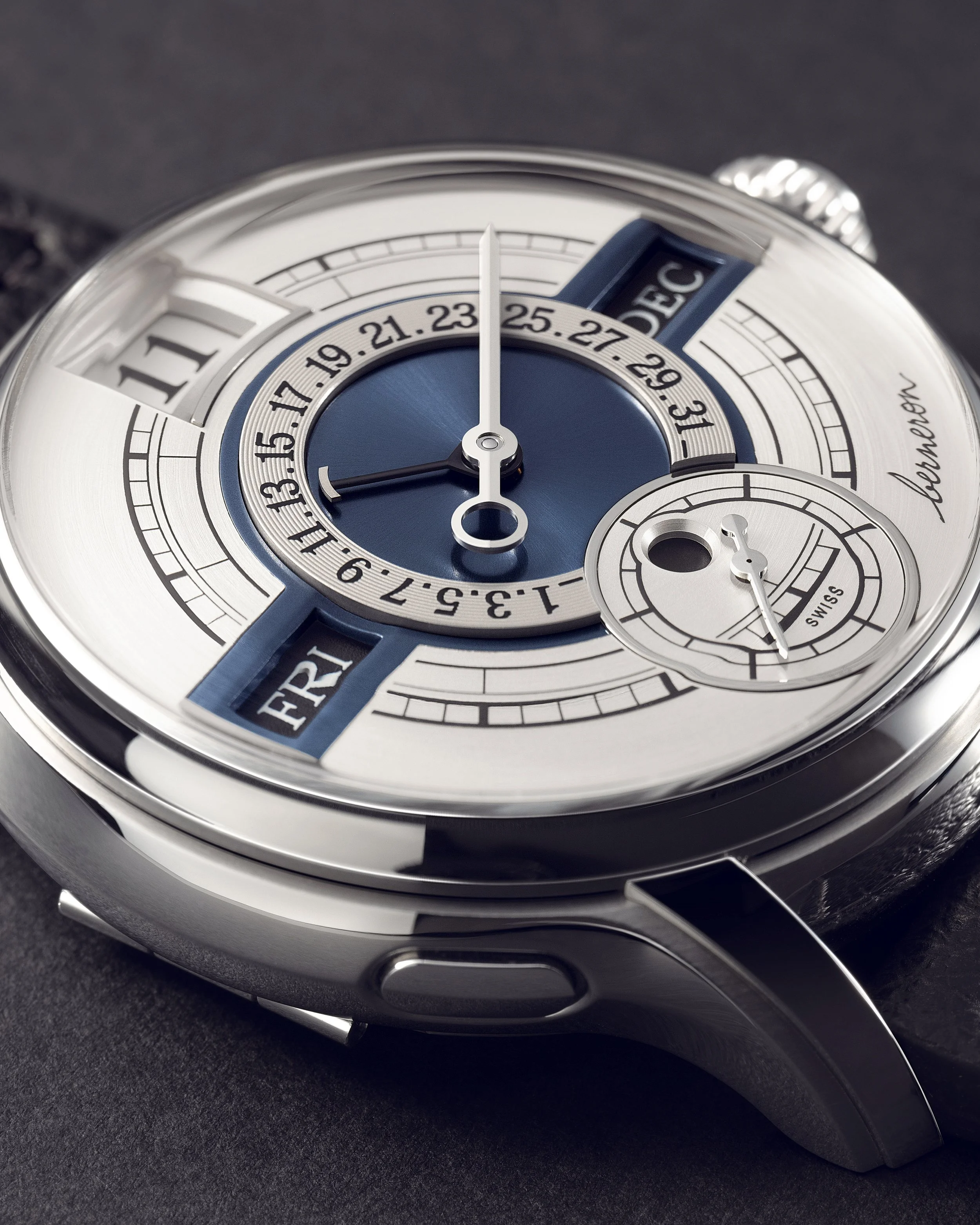 Berneron Quantième Annuel Silver luxury watch, featuring a platinum case