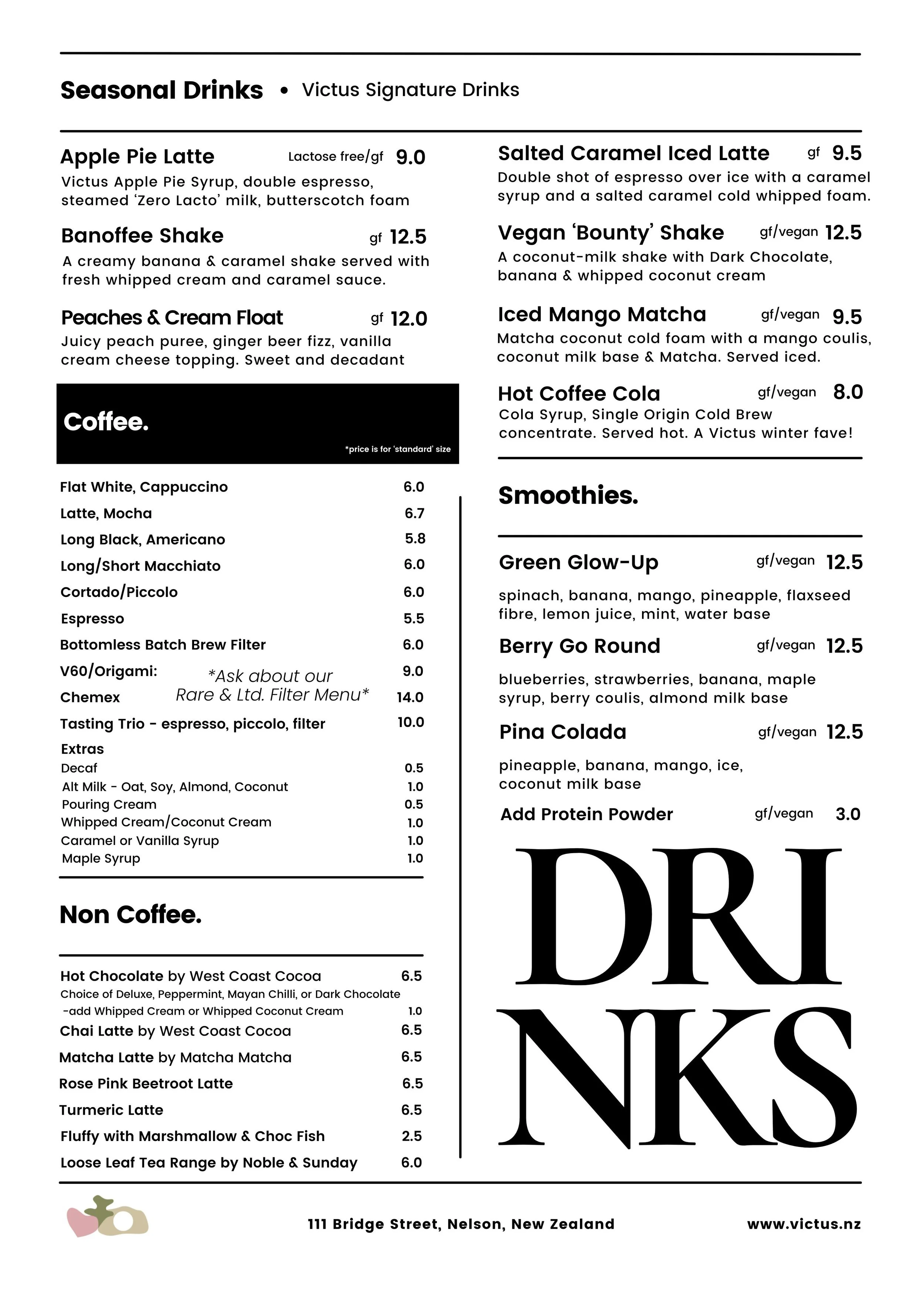 Drinks menu at Victus