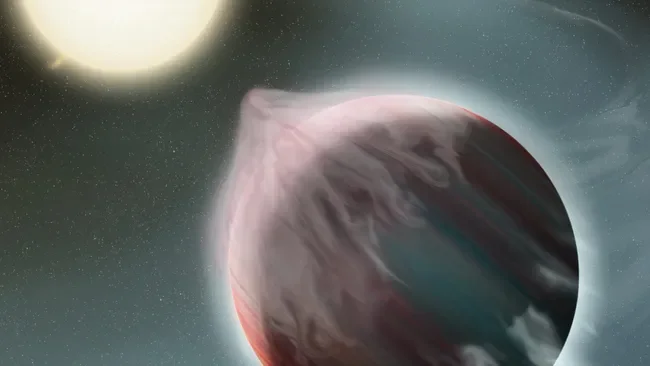 Ilustración artística de TOI-1130 b, el minineptuno estudiado por el telescopio espacial James Webb mientras transita frente a su estrella.