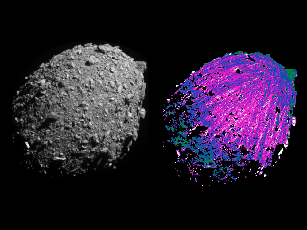 A la derecha, la luna Dimorphos, cubierta de rocas, fotografiada 8,55 segundos antes del impacto de la nave DART. A la izquierda, la misma imagen tras corregir los efectos de iluminación y las sombras de los bloques