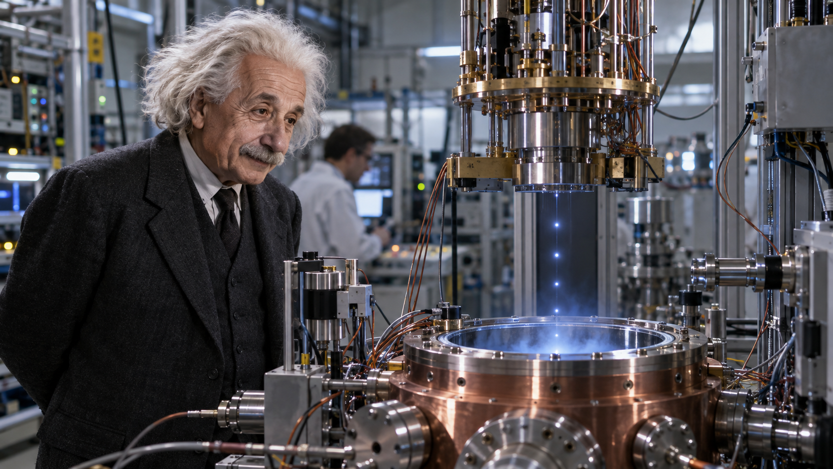 Recreación artística de Albert Einstein ante el experimento que permitirá comprobar si el muonio, un átomo exótico formado por un antimuón y un electrón, responde a la gravedad igual que la materia ordinaria.