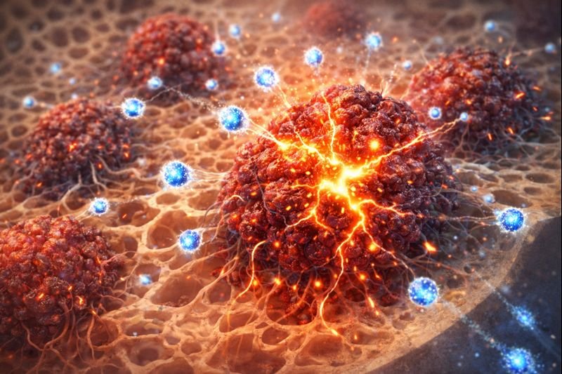 Ilustración conceptual de nanopartículas terapéuticas atacando células cancerosas en el hueso.
