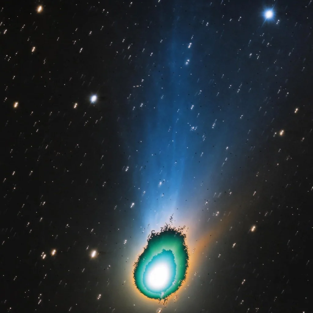 Imagen del cometa interestelar 3I/ATLAS captada el 6 de noviembre de 2025 por la cámara científica JANUS de la misión Juice de la ESA, procesada para resaltar la estructura de su coma.